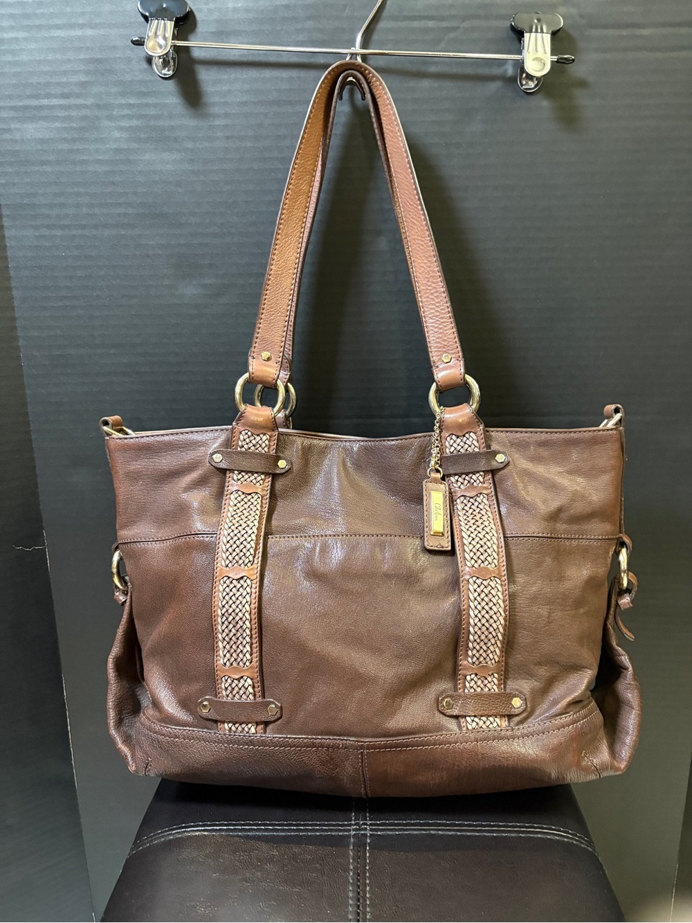Cole Haan Rich Brown VeganLeather Shoulder Tote w Woven Accents
